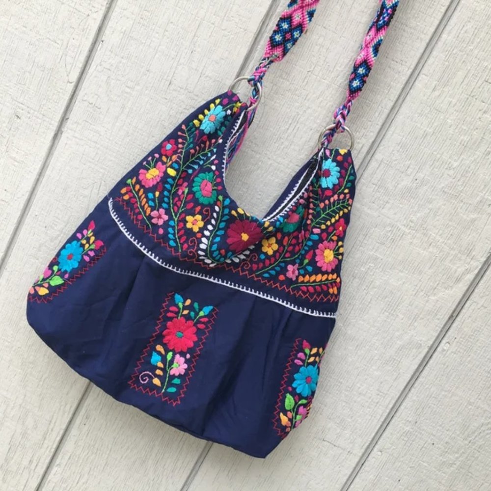 Handmade Floral Embroidered Mexican Satchel Morral Bag - Bolsa Bordada Mexicana